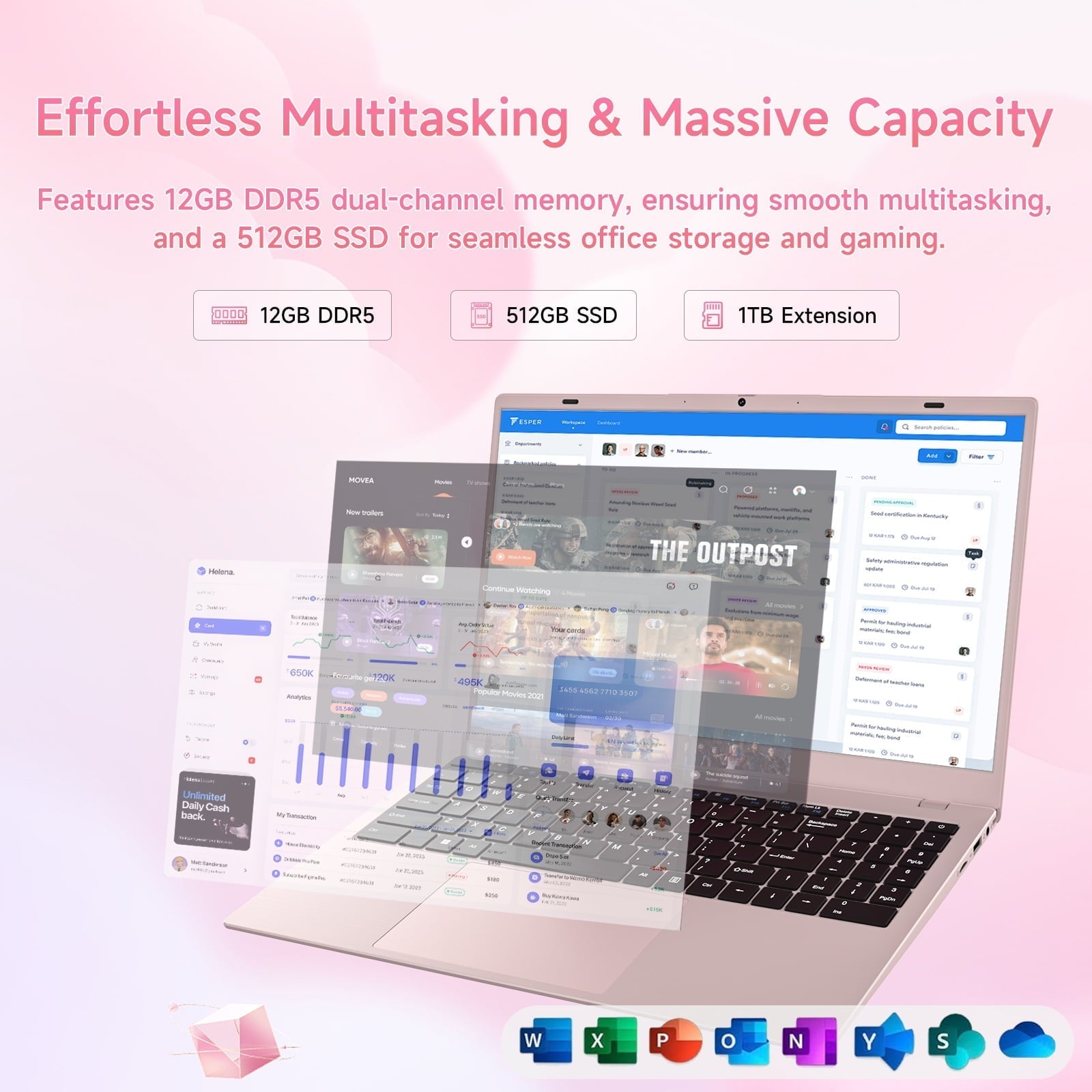 15.6" Windonws 11 Laptop, 12GB DDR5 512G SSD, Up to 3.6GHz Intel N150 Quad-Core, Office 2024 Fingerprint Backlit KB WiFi 6 BT 5.2, 1080 FHD Display for Student, Business, Home Office, Pink - Image 9