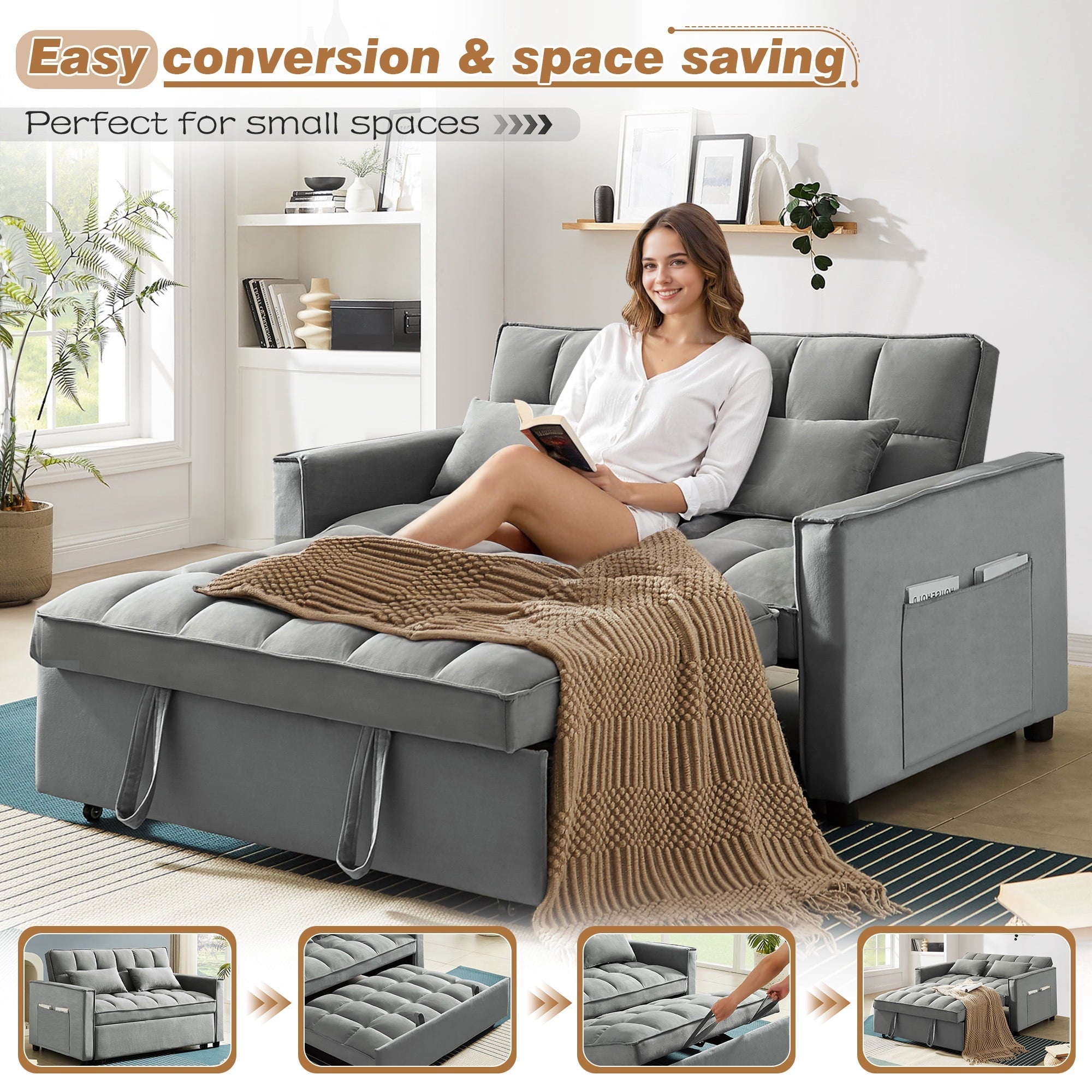 4-in-1 Convertible Futon Sofa Bed, Pull Out Couch Beds Loveseat Sleeper, Gray Velvet - Image 2