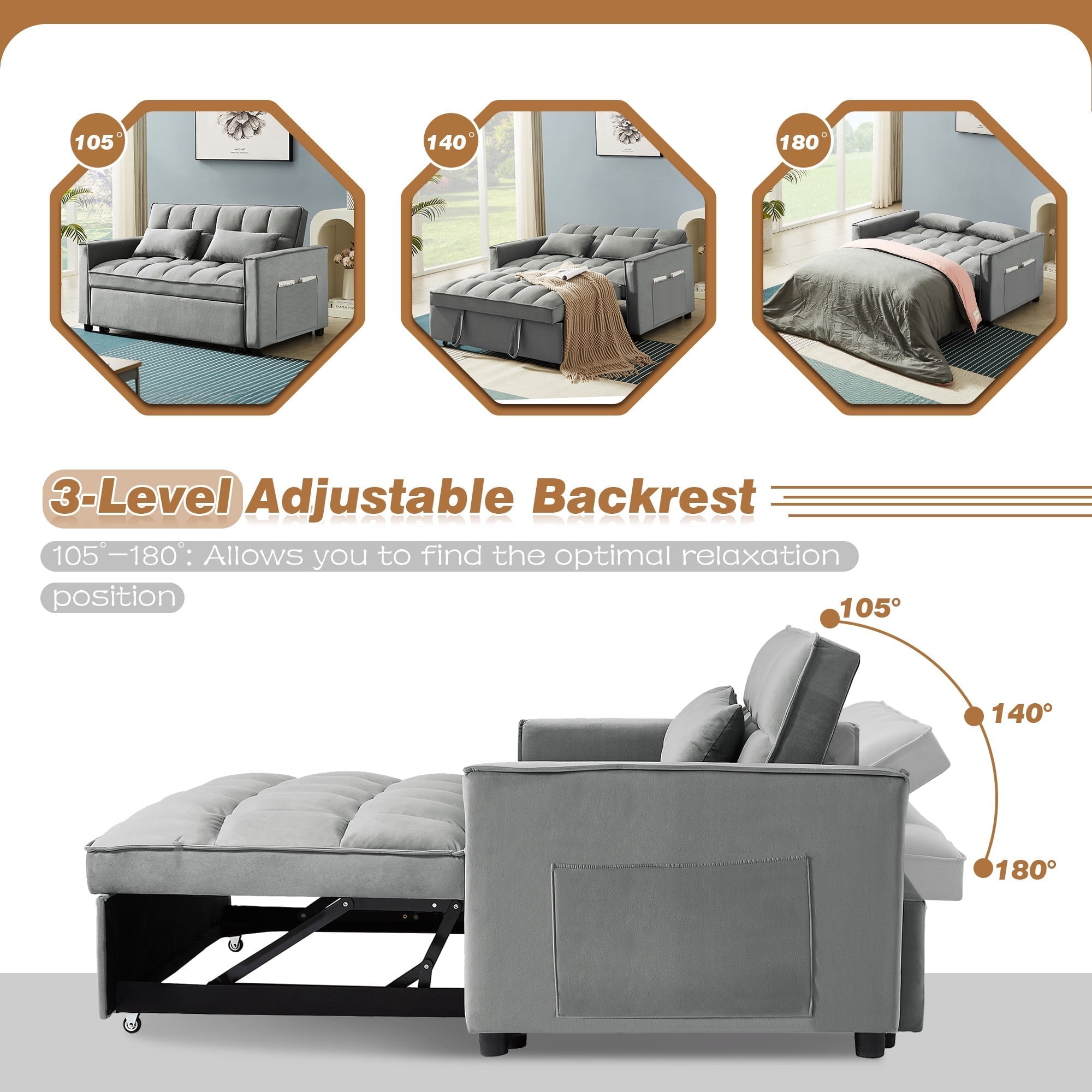 4-in-1 Convertible Futon Sofa Bed, Pull Out Couch Beds Loveseat Sleeper, Gray Velvet - Image 12