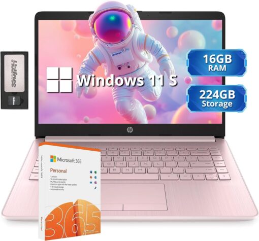 14" HD BrightView Laptop, Intel Celeron N4120 Processor, 16GB RAM, 64GB, Intel HD Graphics, 720p Webcam, Office 365, Pink, Win 11S, 32 Hotface USB Card