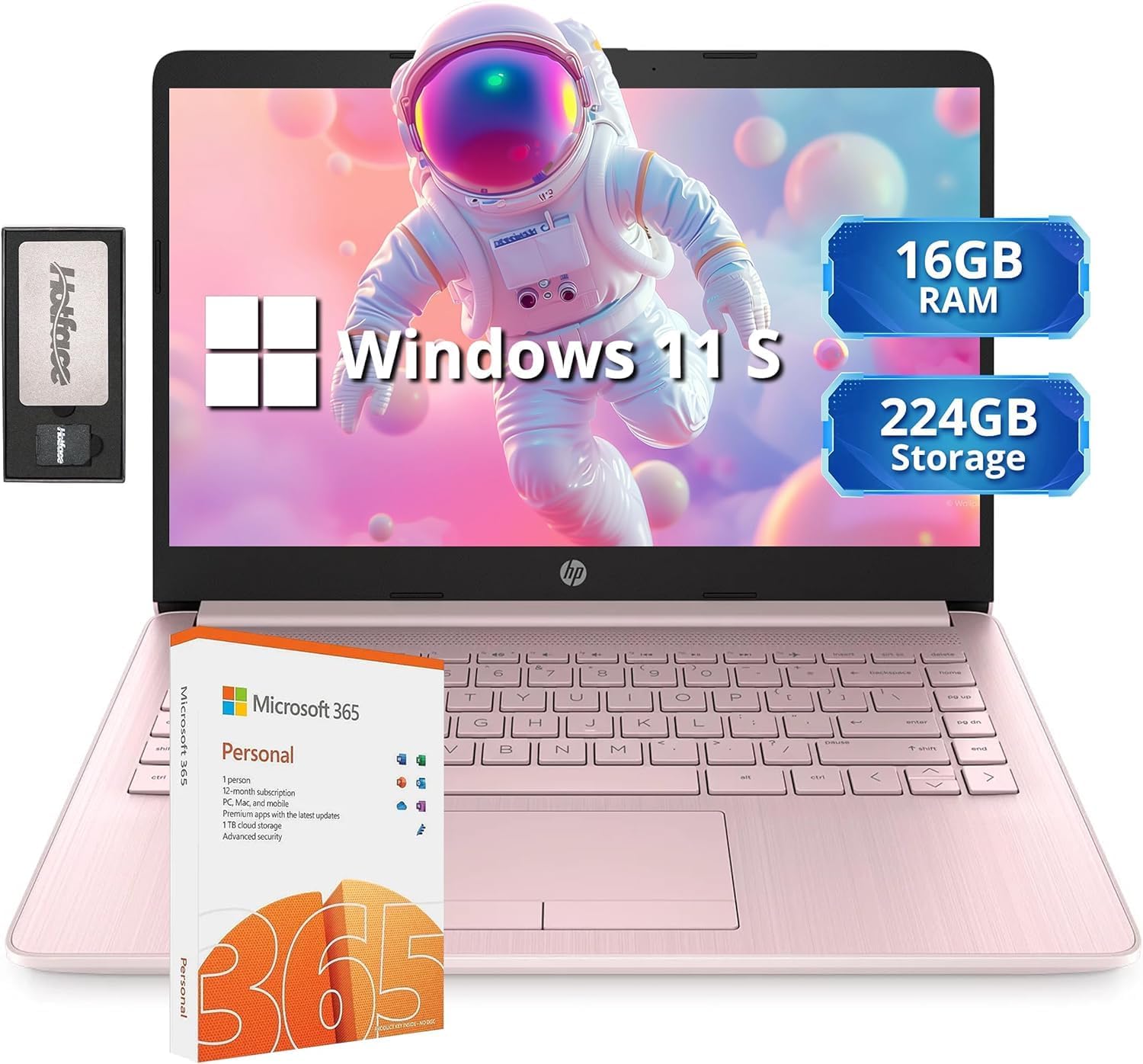 14" HD BrightView Laptop, Intel Celeron N4120 Processor, 16GB RAM, 64GB, Intel HD Graphics, 720p Webcam, Office 365, Pink, Win 11S, 32 Hotface USB Card