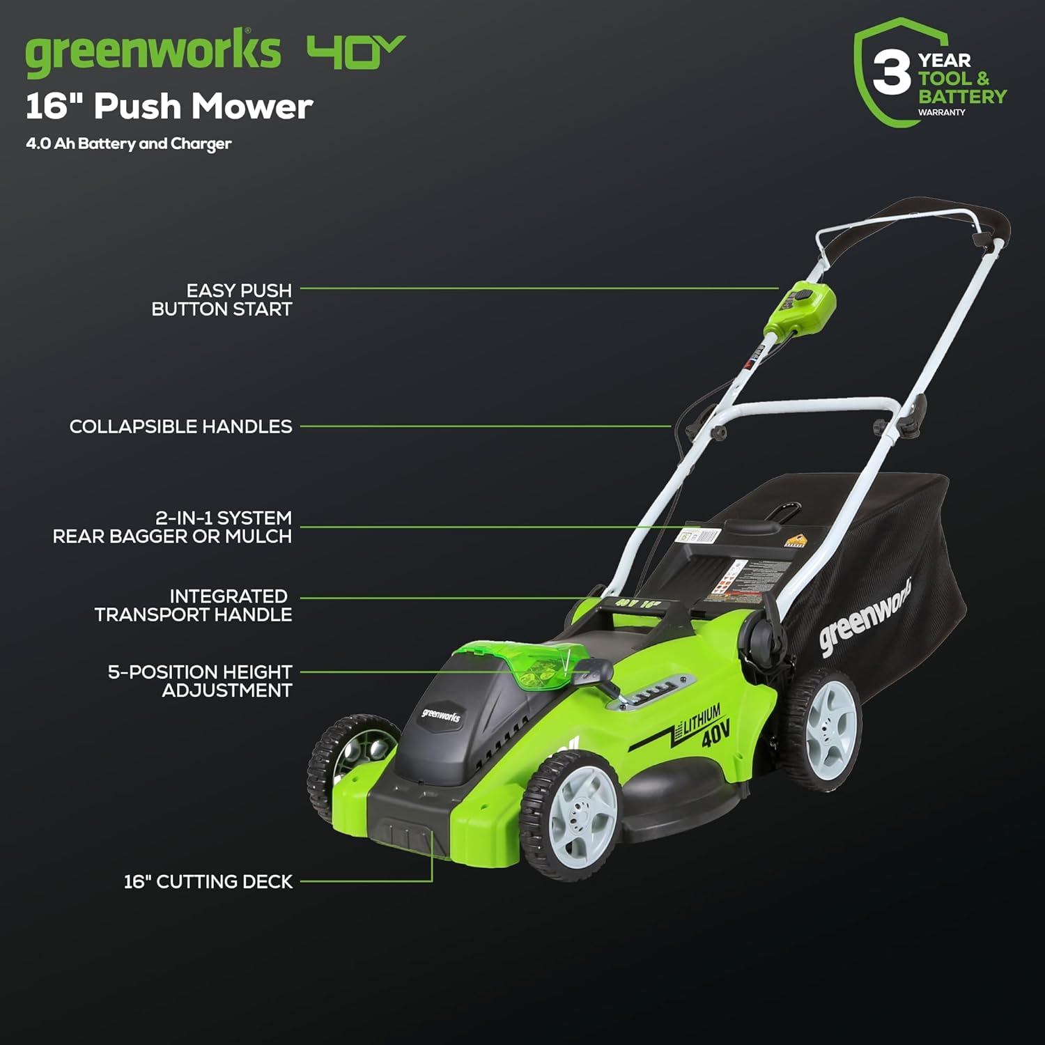 40V 16" Cordless Lawn Mower, Ultra-Light Push Mower with 4.0Ah Battery & Charger(75+ Tool Compatibility, 45Min Runtime) - Image 12