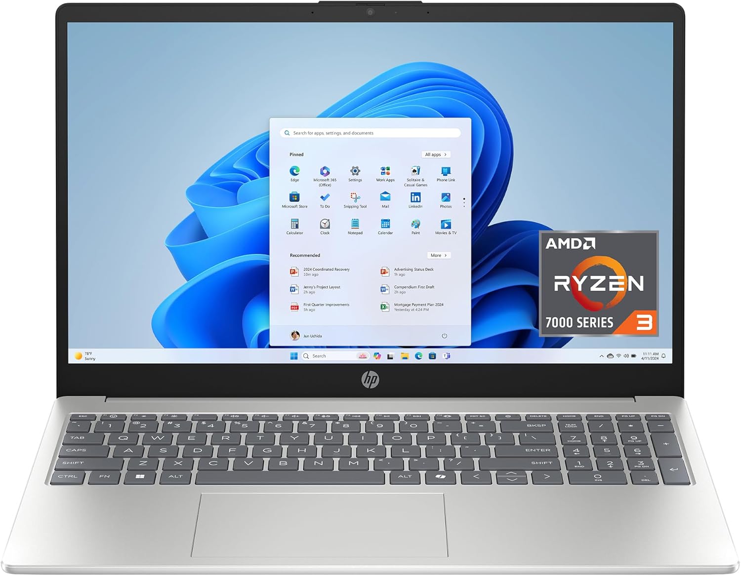 15.6 inch Laptop, HD Touchscreen Display, AMD Ryzen 3 7320U, 8 GB RAM, 128 GB SSD, AMD Radeon Graphics, Windows 11 Home in S Mode, Natural Silver, 15- fc0099nr