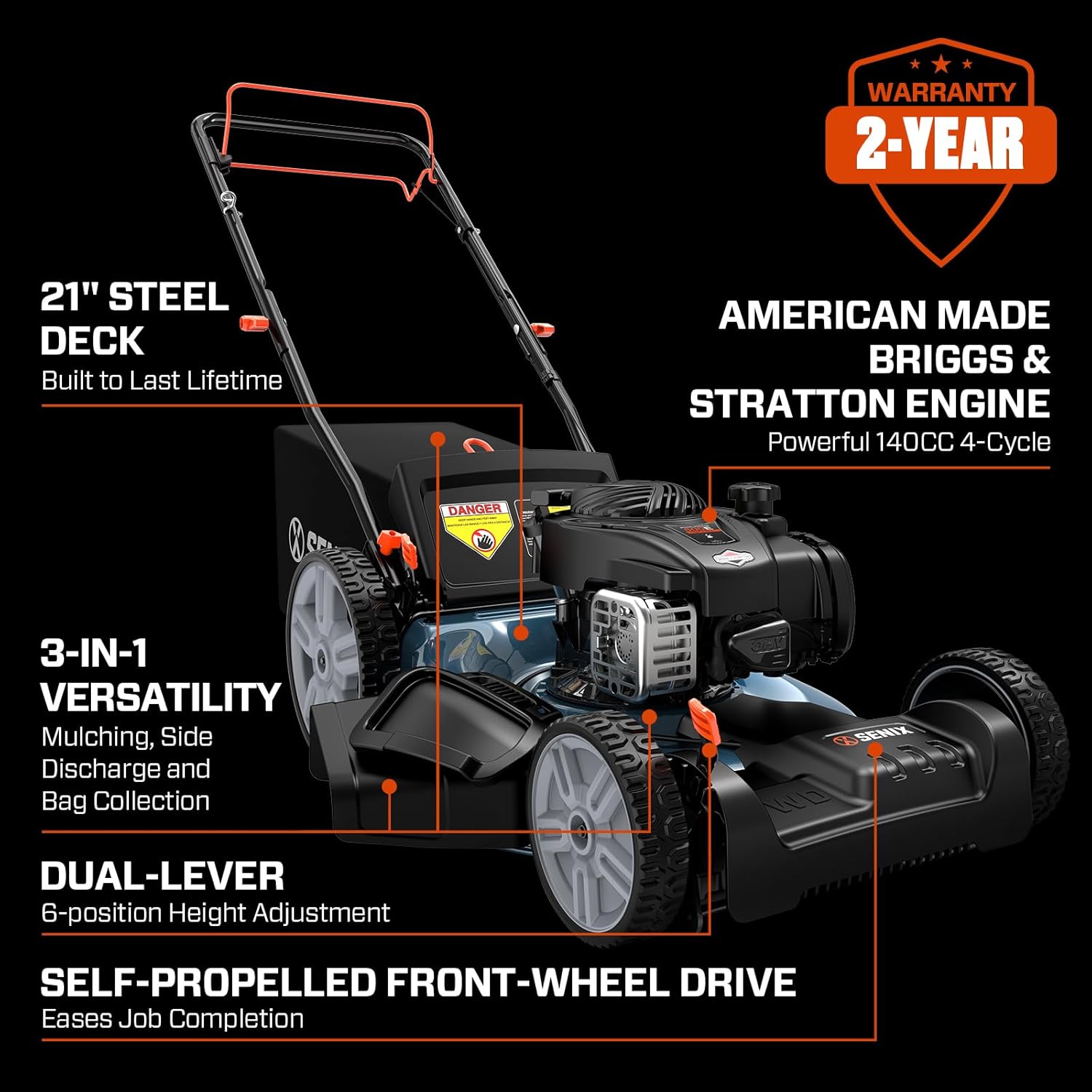 21-inch Gas Self-Propelled Lawn Mower - 140 cc 4-Cycle Briggs & Stratton Engine, Bagging, Mulching, and Side Discharge, 6-Position Lever Height Adjustment - Image 7