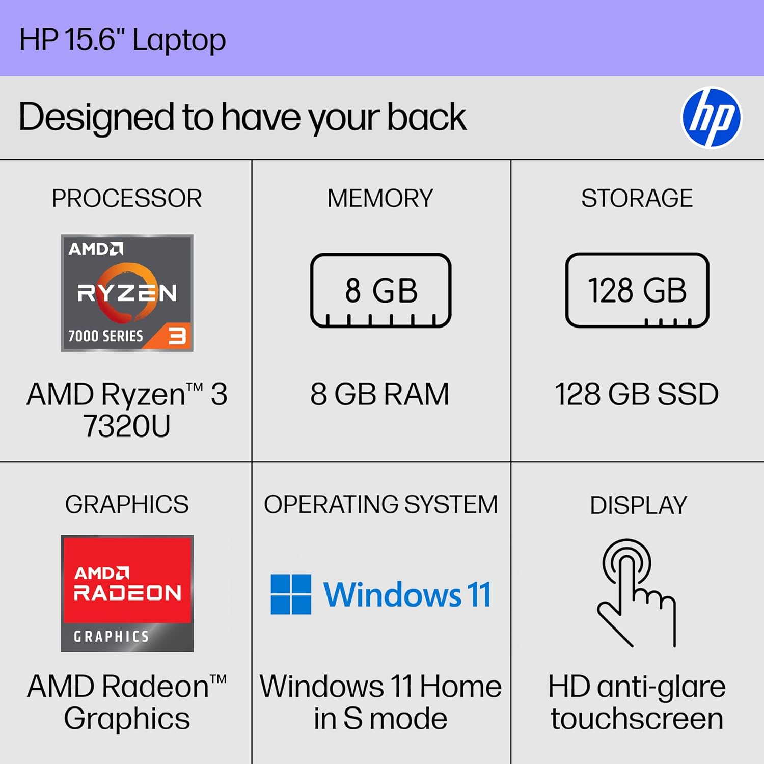 15.6 inch Laptop, HD Touchscreen Display, AMD Ryzen 3 7320U, 8 GB RAM, 128 GB SSD, AMD Radeon Graphics, Windows 11 Home in S Mode, Natural Silver, 15- fc0099nr - Image 8