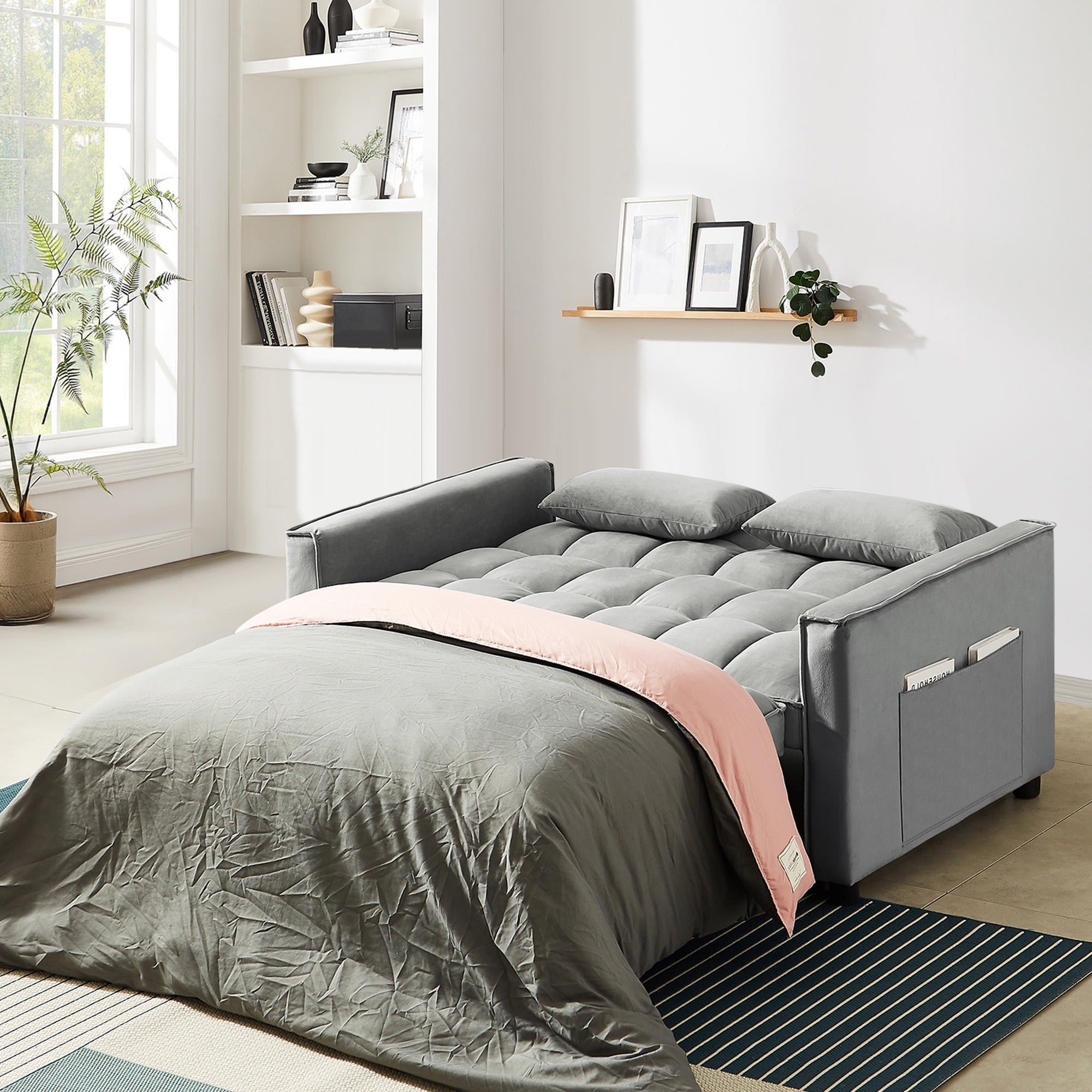 4-in-1 Convertible Futon Sofa Bed, Pull Out Couch Beds Loveseat Sleeper, Gray Velvet - Image 9