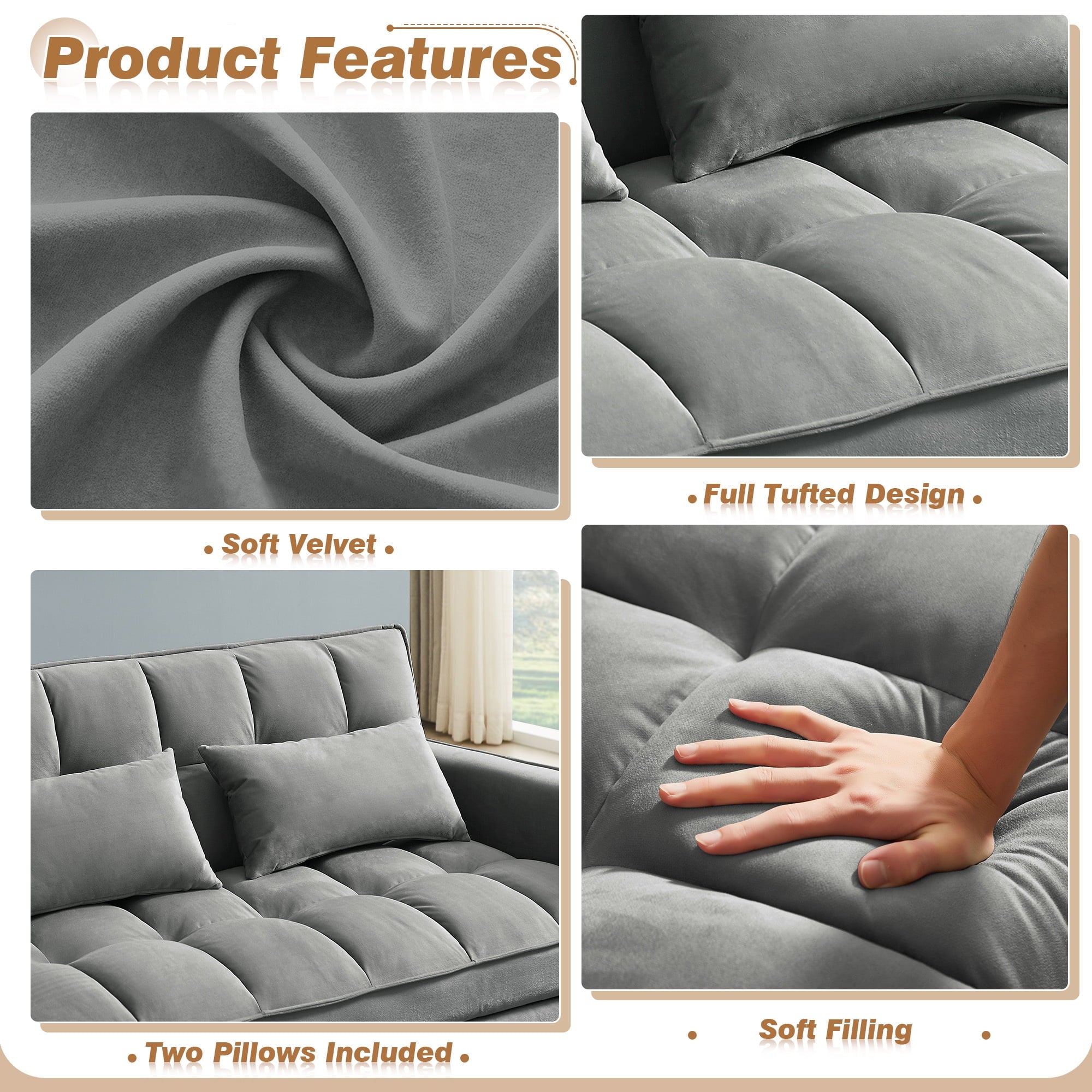 4-in-1 Convertible Futon Sofa Bed, Pull Out Couch Beds Loveseat Sleeper, Gray Velvet - Image 6