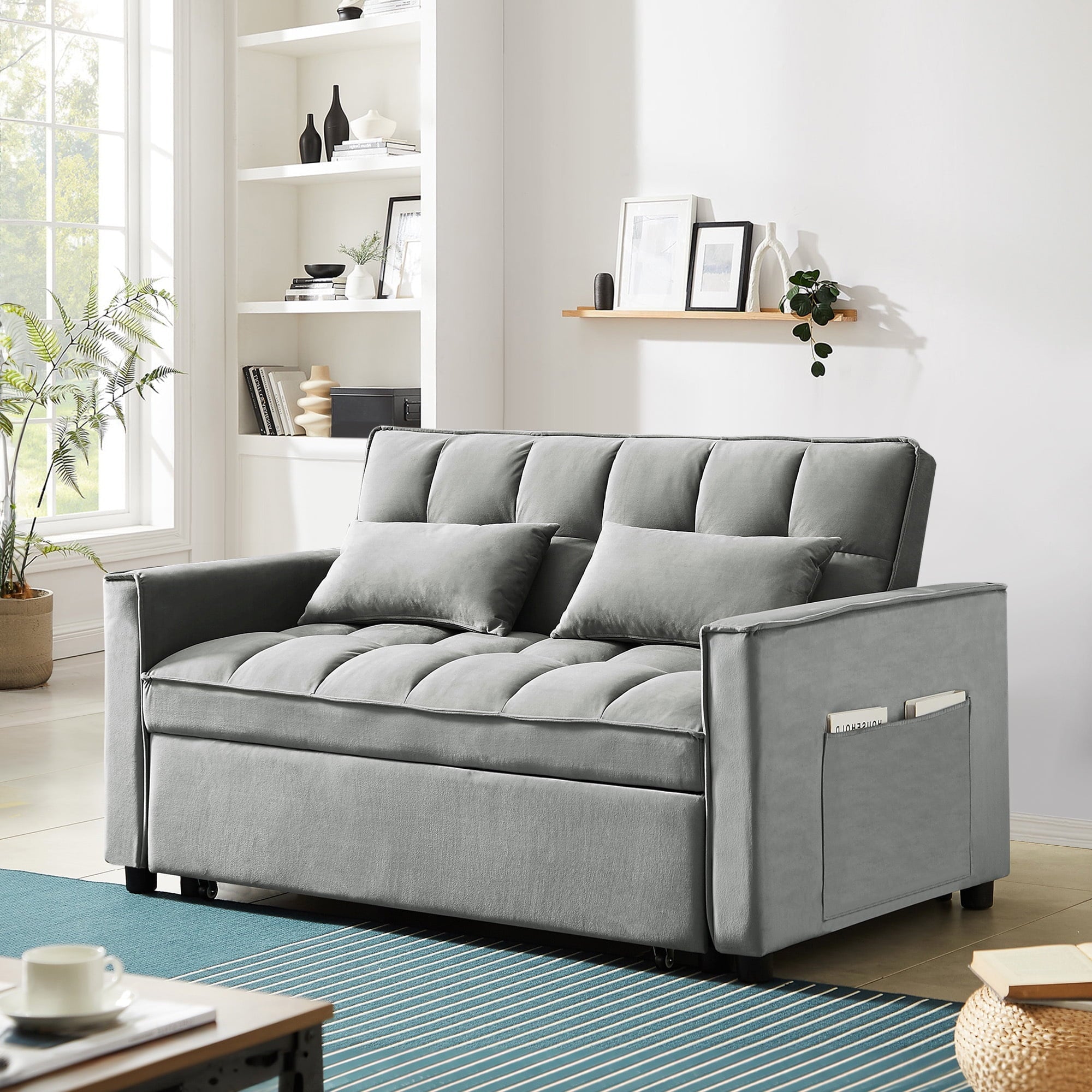 4-in-1 Convertible Futon Sofa Bed, Pull Out Couch Beds Loveseat Sleeper, Gray Velvet - Image 10