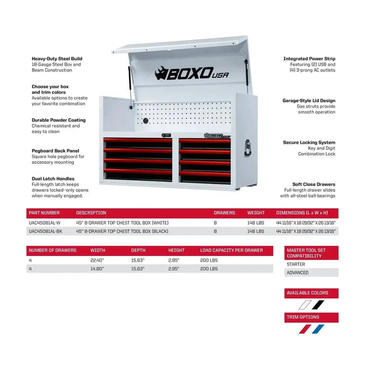 Pro Series | Loaded 45" 19-Drawer Rolling Tool Box | White and Red - Image 6