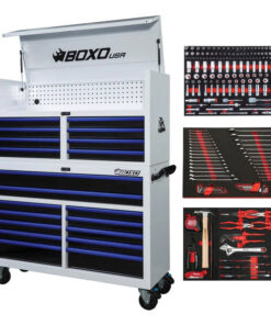 Pro Series | Loaded 53" 20-Drawer Rolling Tool Box | White and Blue