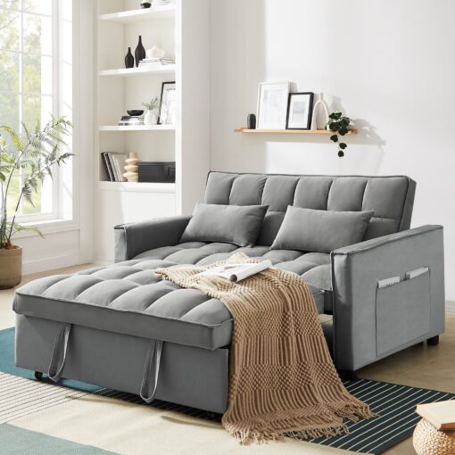 4-in-1 Convertible Futon Sofa Bed, Pull Out Couch Beds Loveseat Sleeper, Gray Velvet