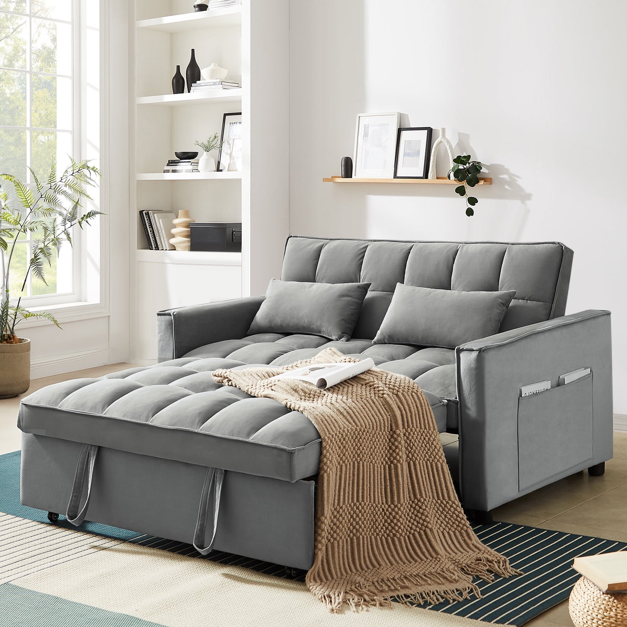4-in-1 Convertible Futon Sofa Bed, Pull Out Couch Beds Loveseat Sleeper, Gray Velvet