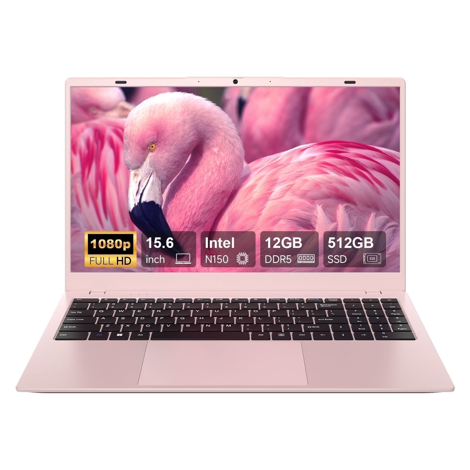 15.6" Windonws 11 Laptop, 12GB DDR5 512G SSD, Up to 3.6GHz Intel N150 Quad-Core, Office 2024 Fingerprint Backlit KB WiFi 6 BT 5.2, 1080 FHD Display for Student, Business, Home Office, Pink