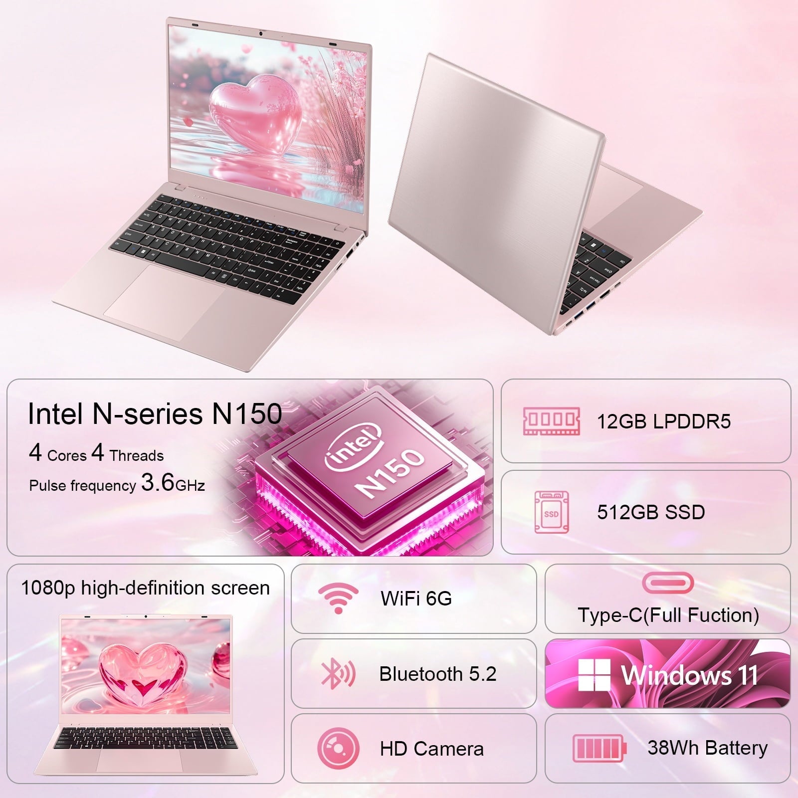 15.6" Windonws 11 Laptop, 12GB DDR5 512G SSD, Up to 3.6GHz Intel N150 Quad-Core, Office 2024 Fingerprint Backlit KB WiFi 6 BT 5.2, 1080 FHD Display for Student, Business, Home Office, Pink - Image 6