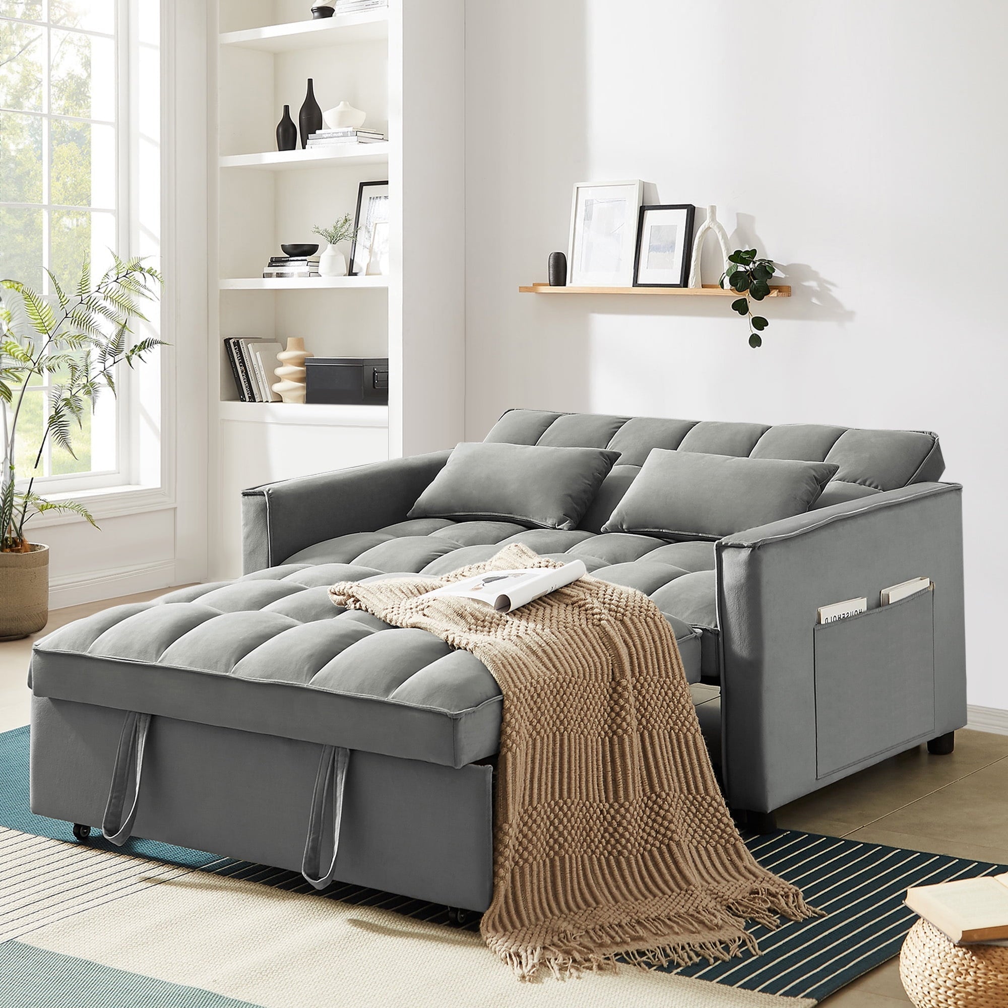 4-in-1 Convertible Futon Sofa Bed, Pull Out Couch Beds Loveseat Sleeper, Gray Velvet - Image 8