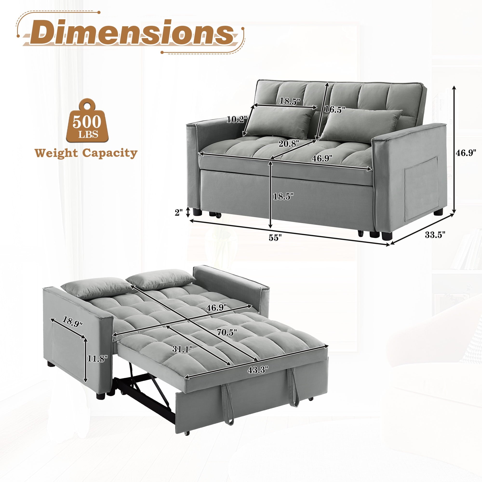 4-in-1 Convertible Futon Sofa Bed, Pull Out Couch Beds Loveseat Sleeper, Gray Velvet - Image 7