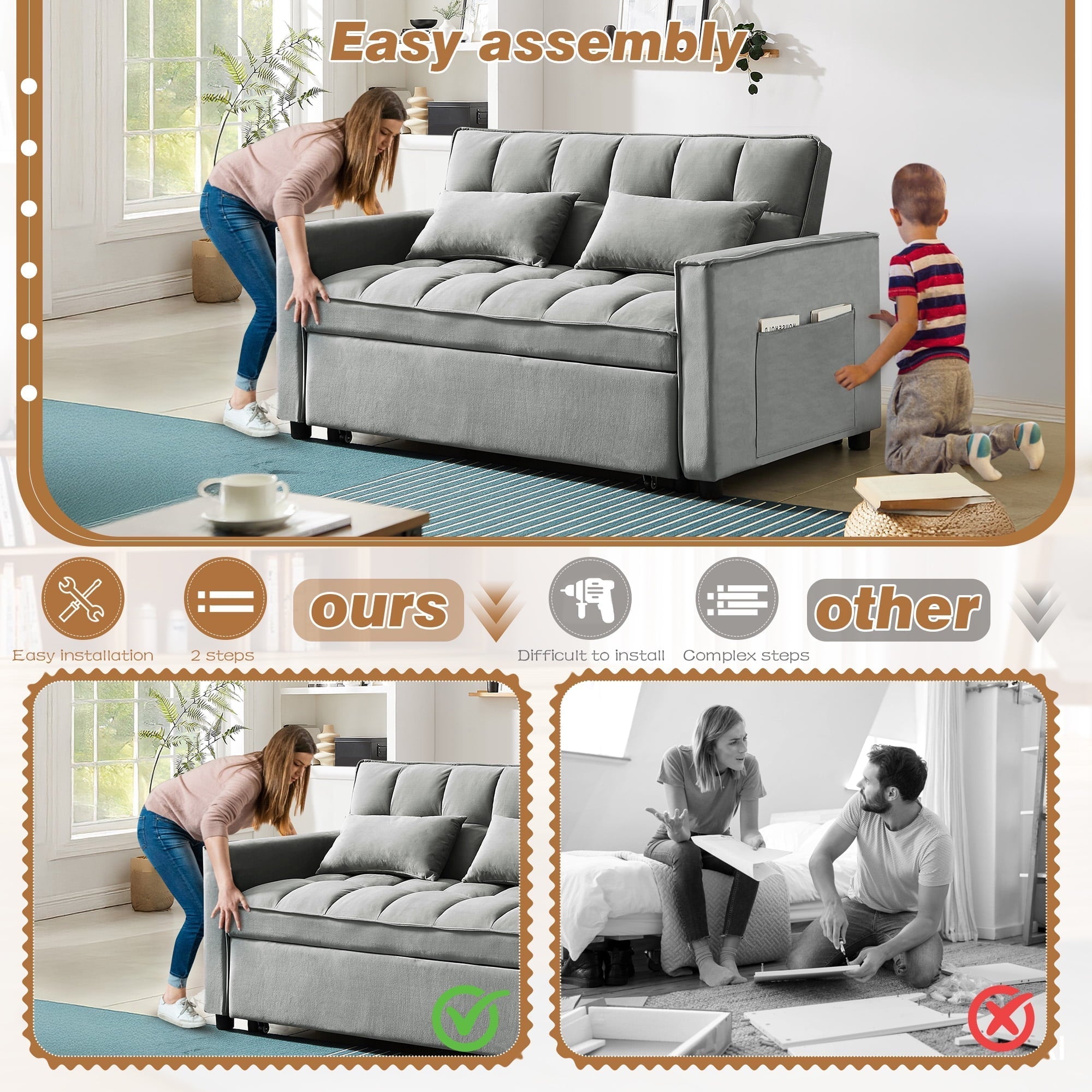 4-in-1 Convertible Futon Sofa Bed, Pull Out Couch Beds Loveseat Sleeper, Gray Velvet - Image 5