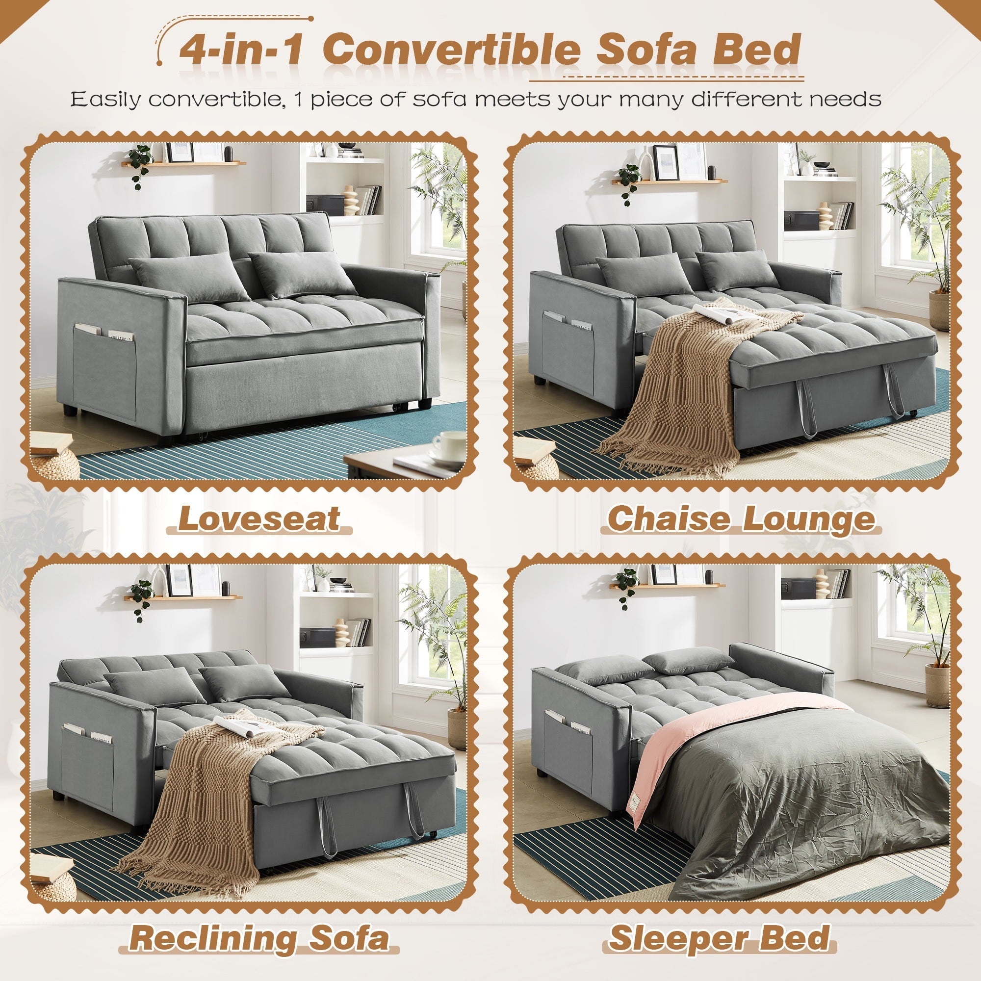 4-in-1 Convertible Futon Sofa Bed, Pull Out Couch Beds Loveseat Sleeper, Gray Velvet - Image 11