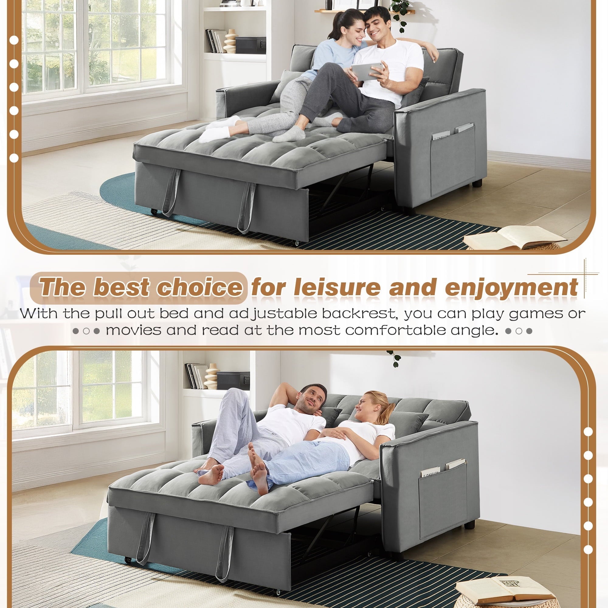 4-in-1 Convertible Futon Sofa Bed, Pull Out Couch Beds Loveseat Sleeper, Gray Velvet - Image 3