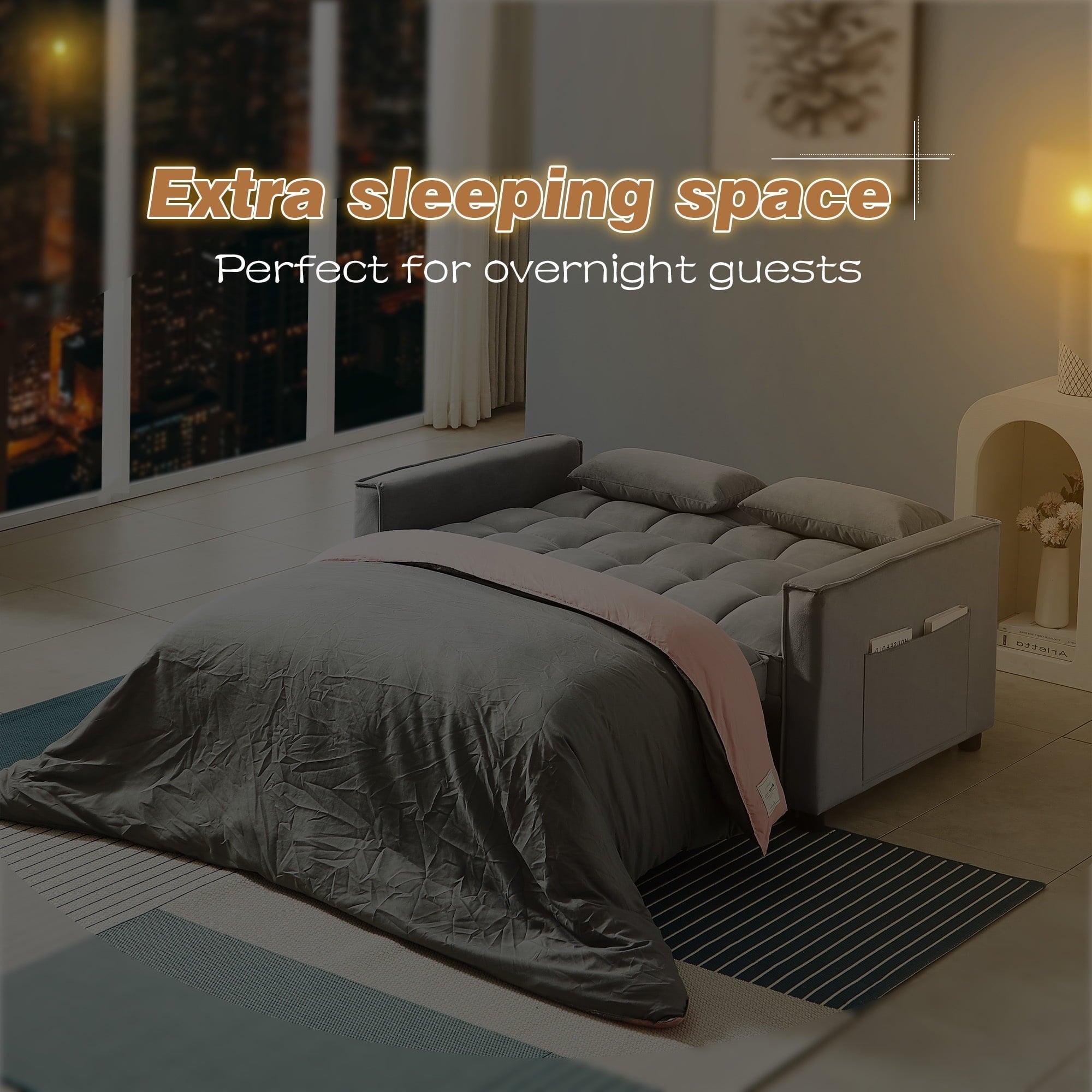 4-in-1 Convertible Futon Sofa Bed, Pull Out Couch Beds Loveseat Sleeper, Gray Velvet - Image 4